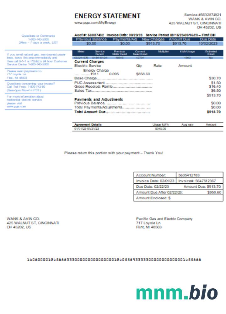 California PG&E (Pacific Gas and Electric Company) rachunek za usługi komunalne
